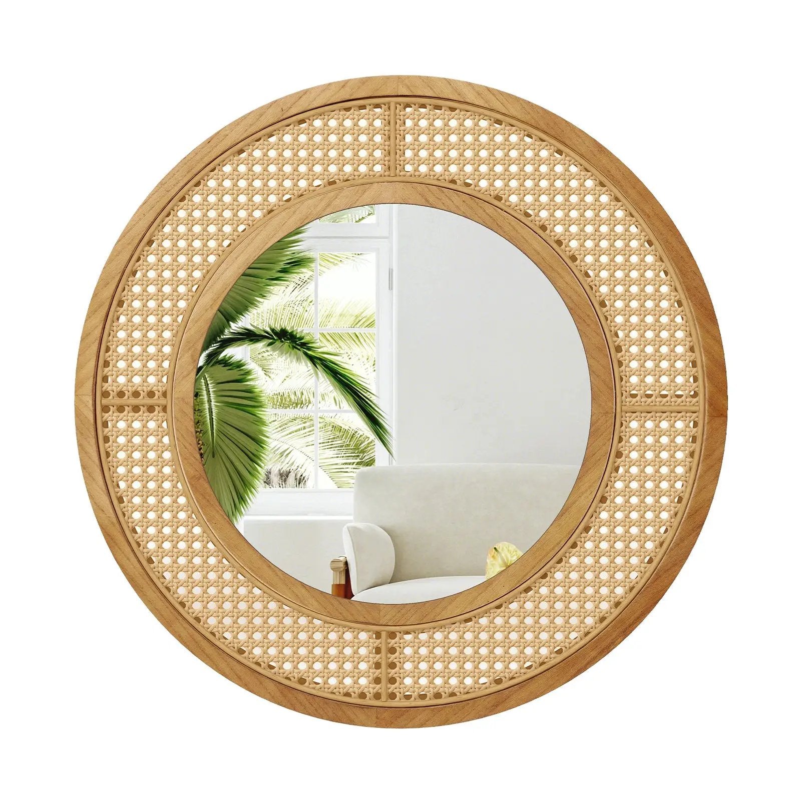 25.5 Inch Bohemian Round Wall Mounted Decorative Mirror with Wooden Frame-Natural by DirectDeals
