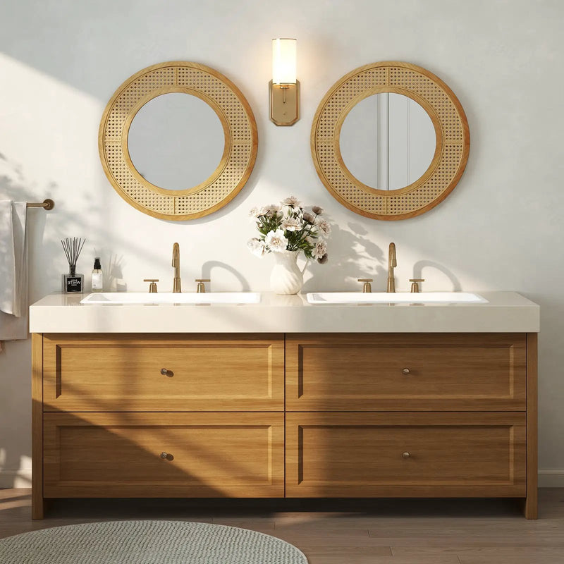 25.5 Inch Bohemian Round Wall Mounted Decorative Mirror with Wooden Frame-Natural by DirectDeals