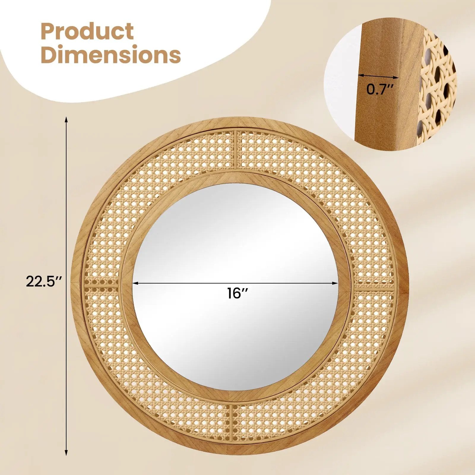25.5 Inch Bohemian Round Wall Mounted Decorative Mirror with Wooden Frame-Natural by DirectDeals