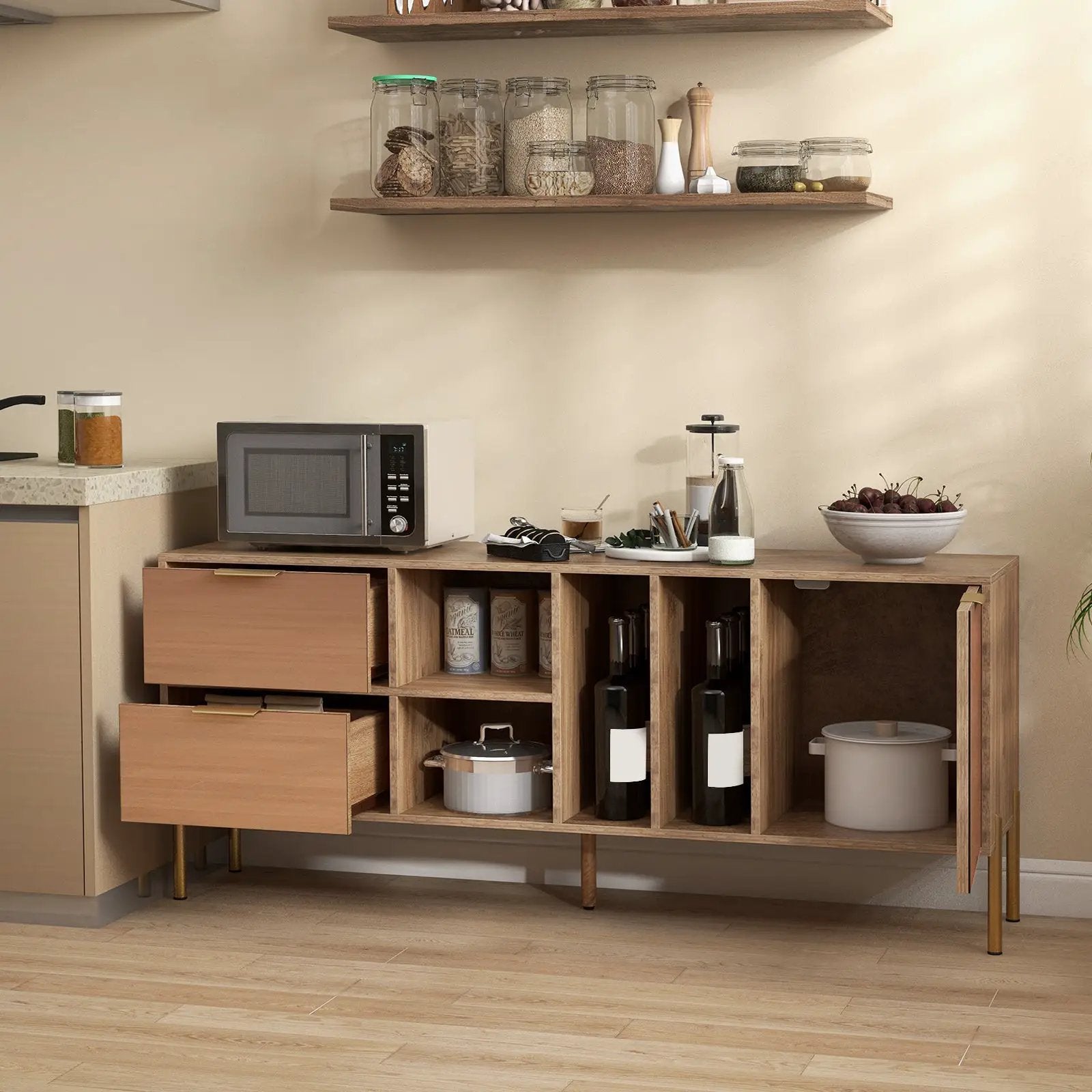 Mirrored Buffet Cabinet with 2 Drawers and 1 Door for Living Room-Natural by DirectDeals