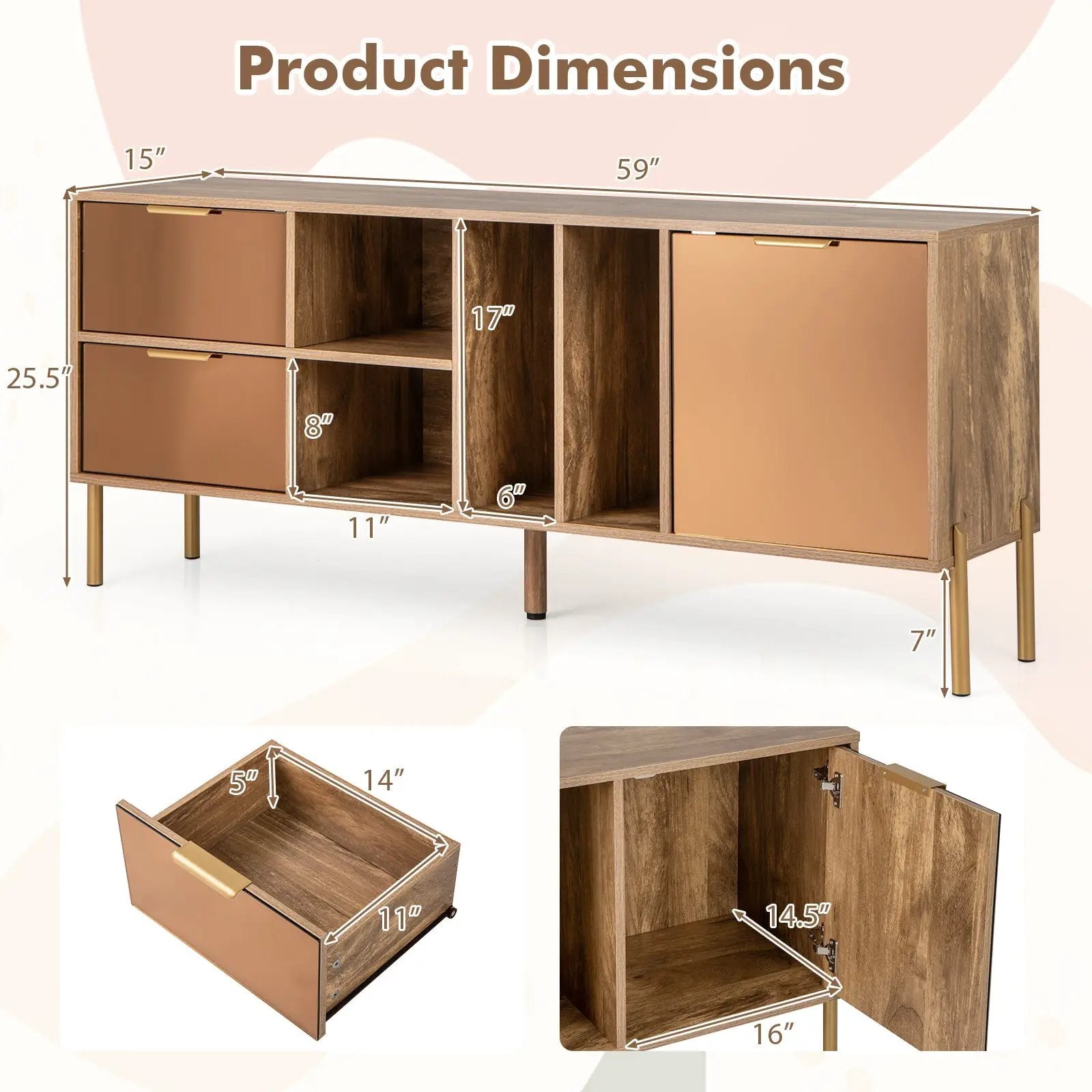 Mirrored Buffet Cabinet with 2 Drawers and 1 Door for Living Room-Natural by DirectDeals