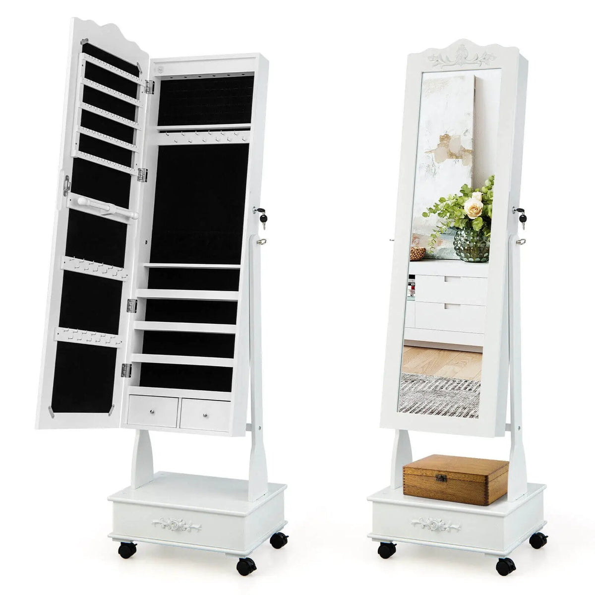 Rolling Floor Standing Mirrored Jewelry Armoire with Lock and Drawers by DirectDeals