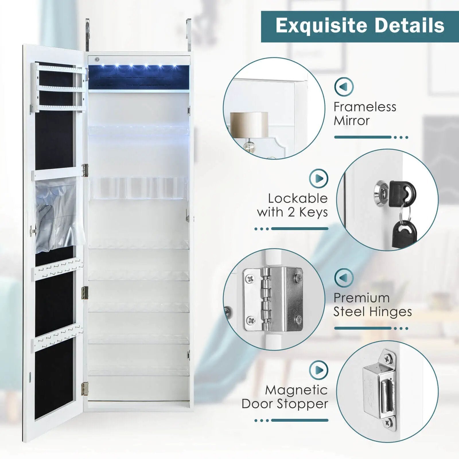 Wall Door Mounted Jewelry Armoire with Frameless LED Mirror by DirectDeals