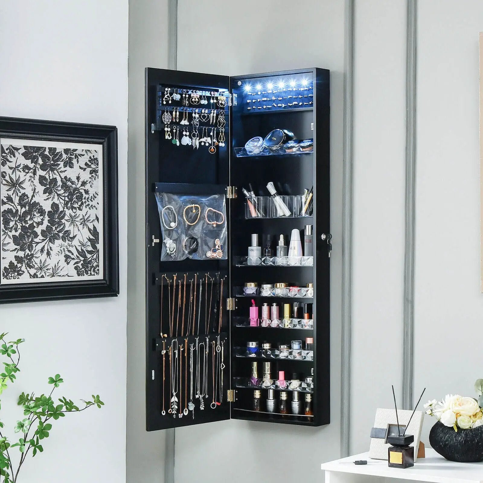 Wall Door Mounted Jewelry Armoire with Frameless LED Mirror by DirectDeals