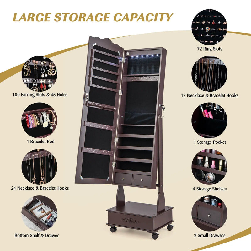 Rolling Floor Standing Mirrored Jewelry Armoire with Lock and Drawers by DirectDeals