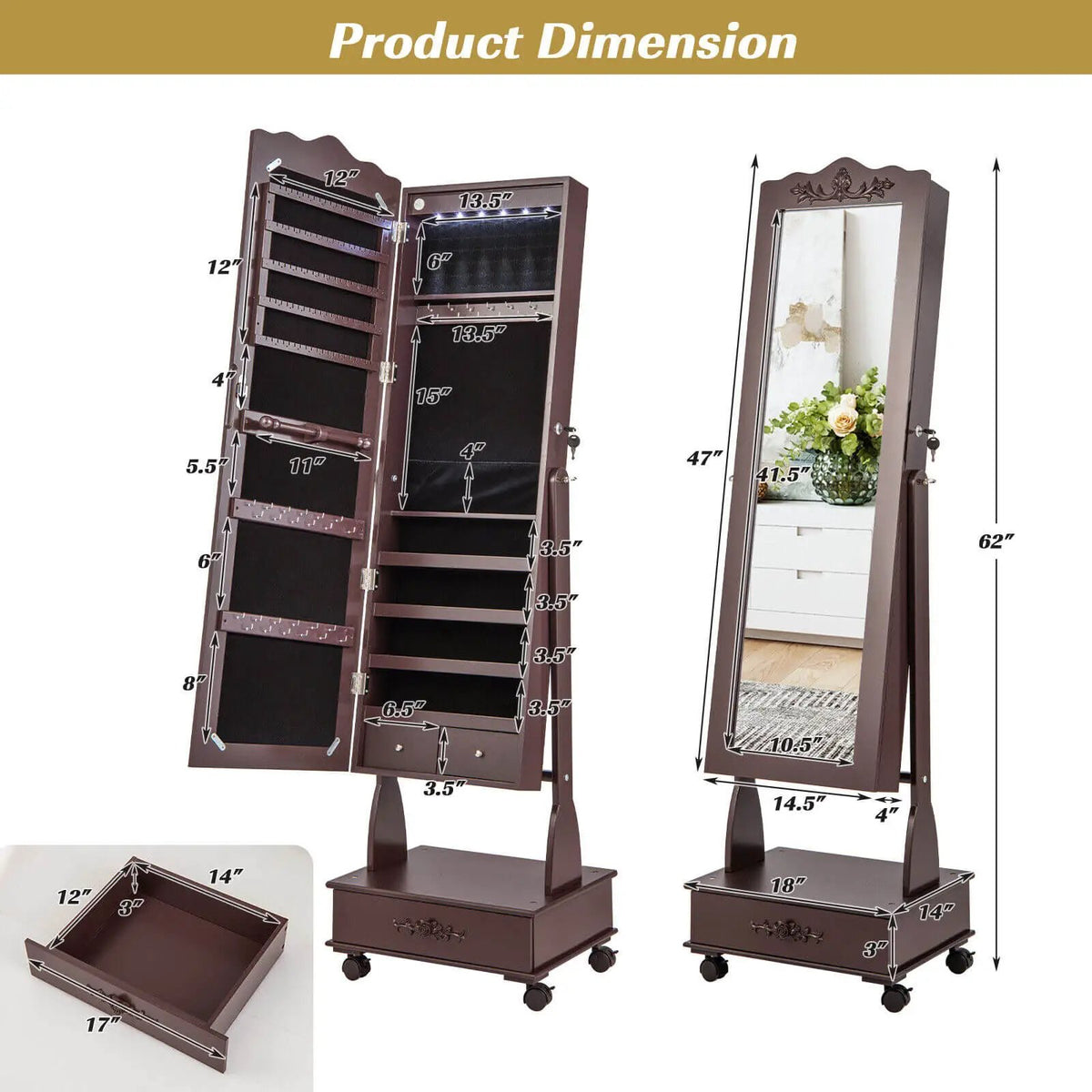 Rolling Floor Standing Mirrored Jewelry Armoire with Lock and Drawers by DirectDeals