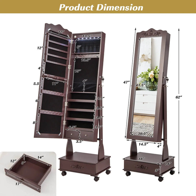 Rolling Floor Standing Mirrored Jewelry Armoire with Lock and Drawers by DirectDeals
