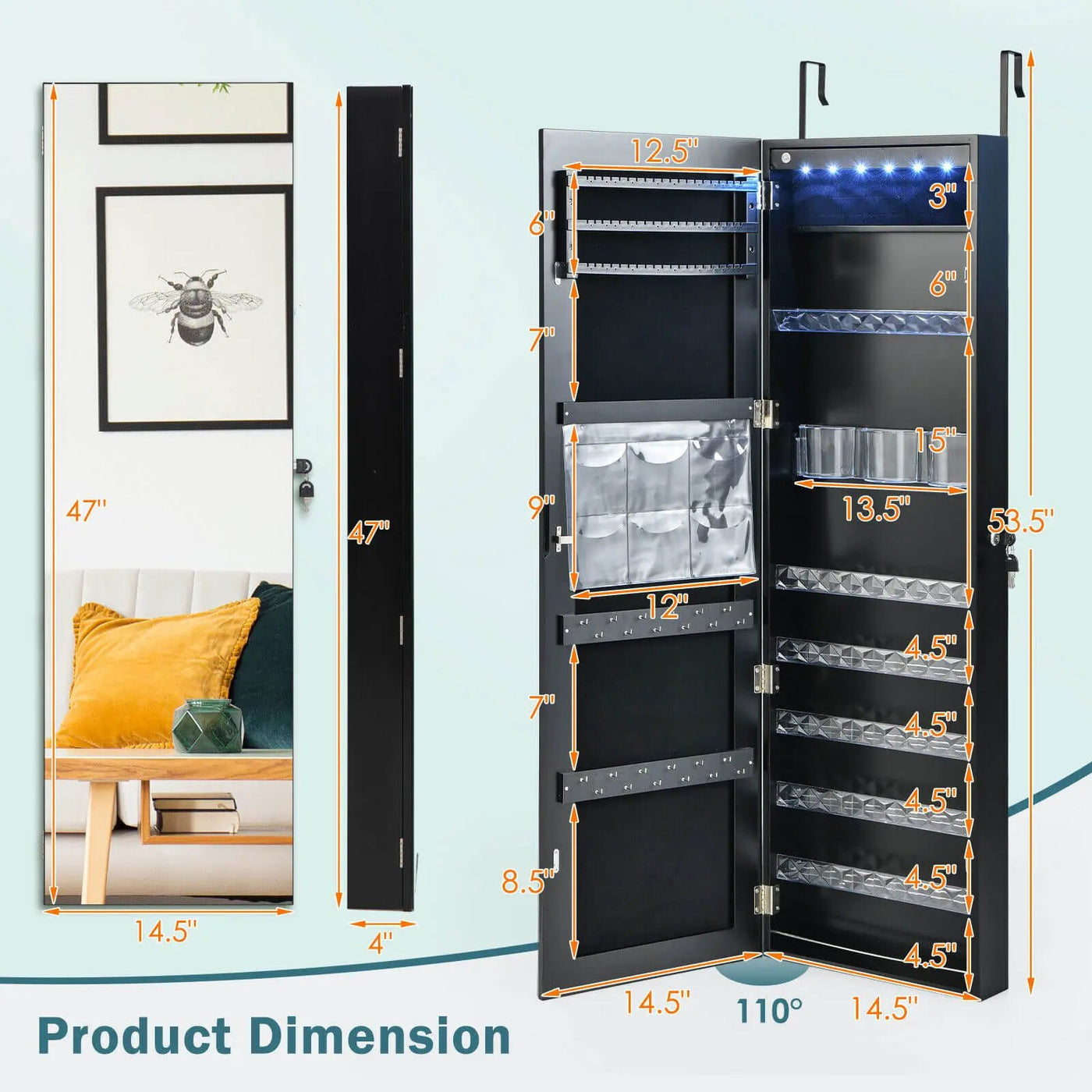 Wall Door Mounted Jewelry Armoire with Frameless LED Mirror by DirectDeals