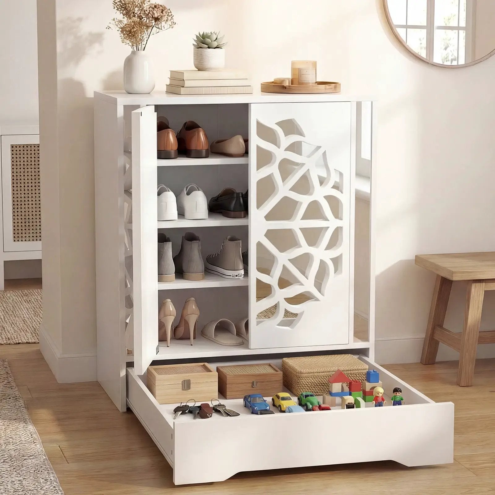 Mirrored Shoe Cabinet 4-Tier Shoe Organizer with Large Drawer-White by DirectDeals