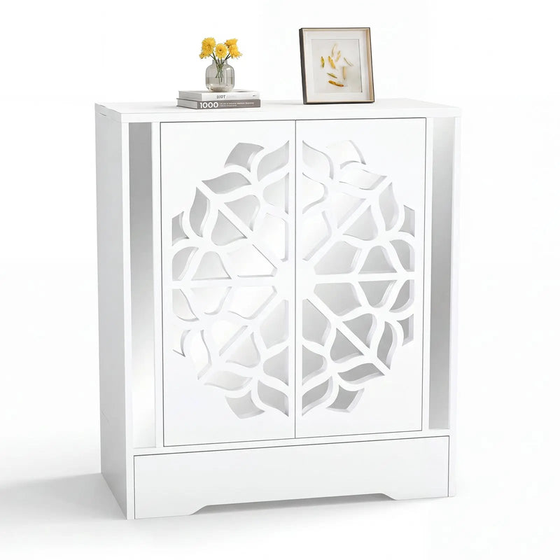 Mirrored Shoe Cabinet 4-Tier Shoe Organizer with Large Drawer-White by DirectDeals