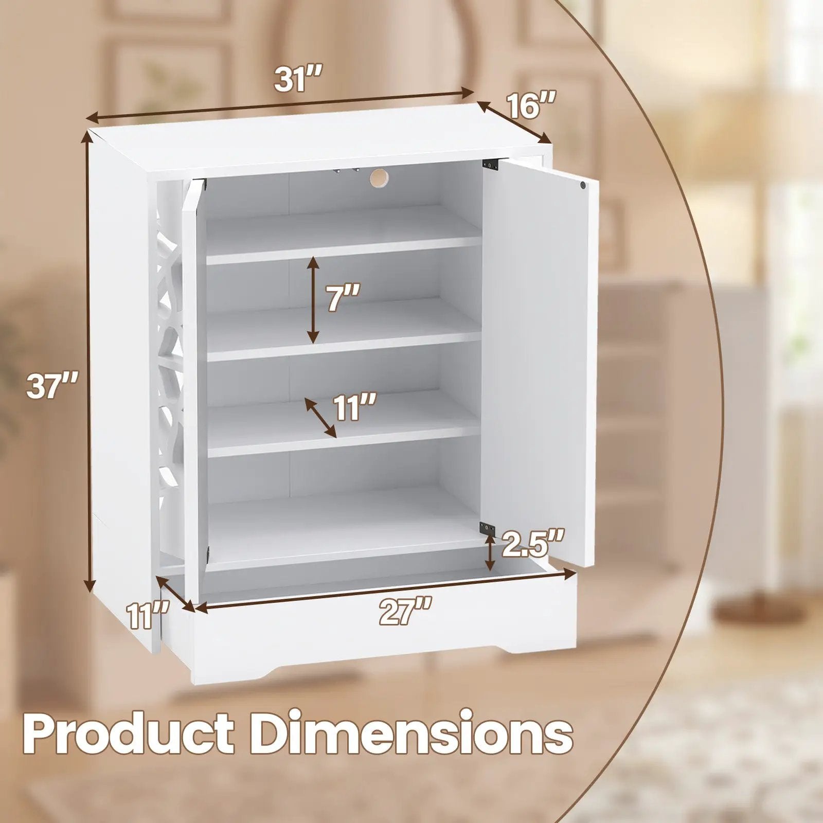 Mirrored Shoe Cabinet 4-Tier Shoe Organizer with Large Drawer-White by DirectDeals