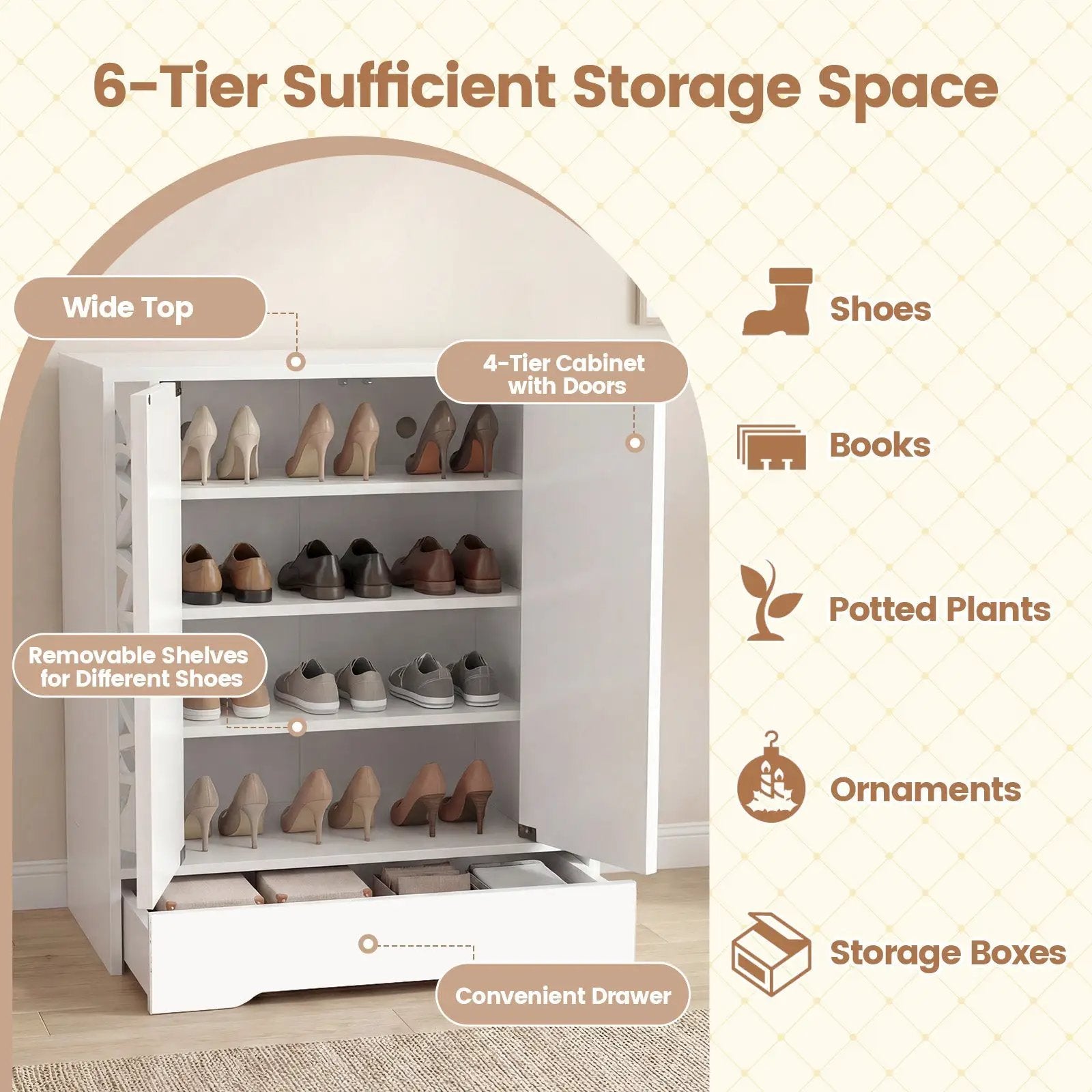 Mirrored Shoe Cabinet 4-Tier Shoe Organizer with Large Drawer-White by DirectDeals