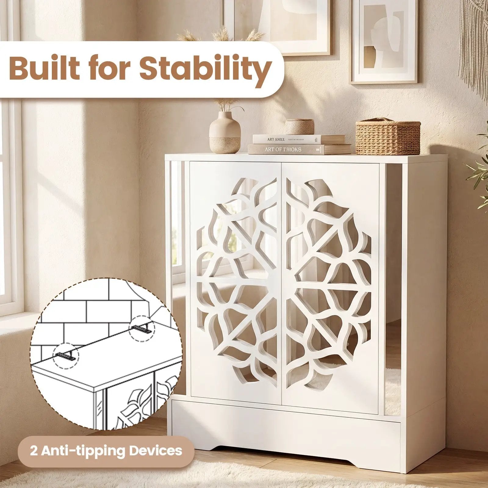 Mirrored Shoe Cabinet 4-Tier Shoe Organizer with Large Drawer-White by DirectDeals