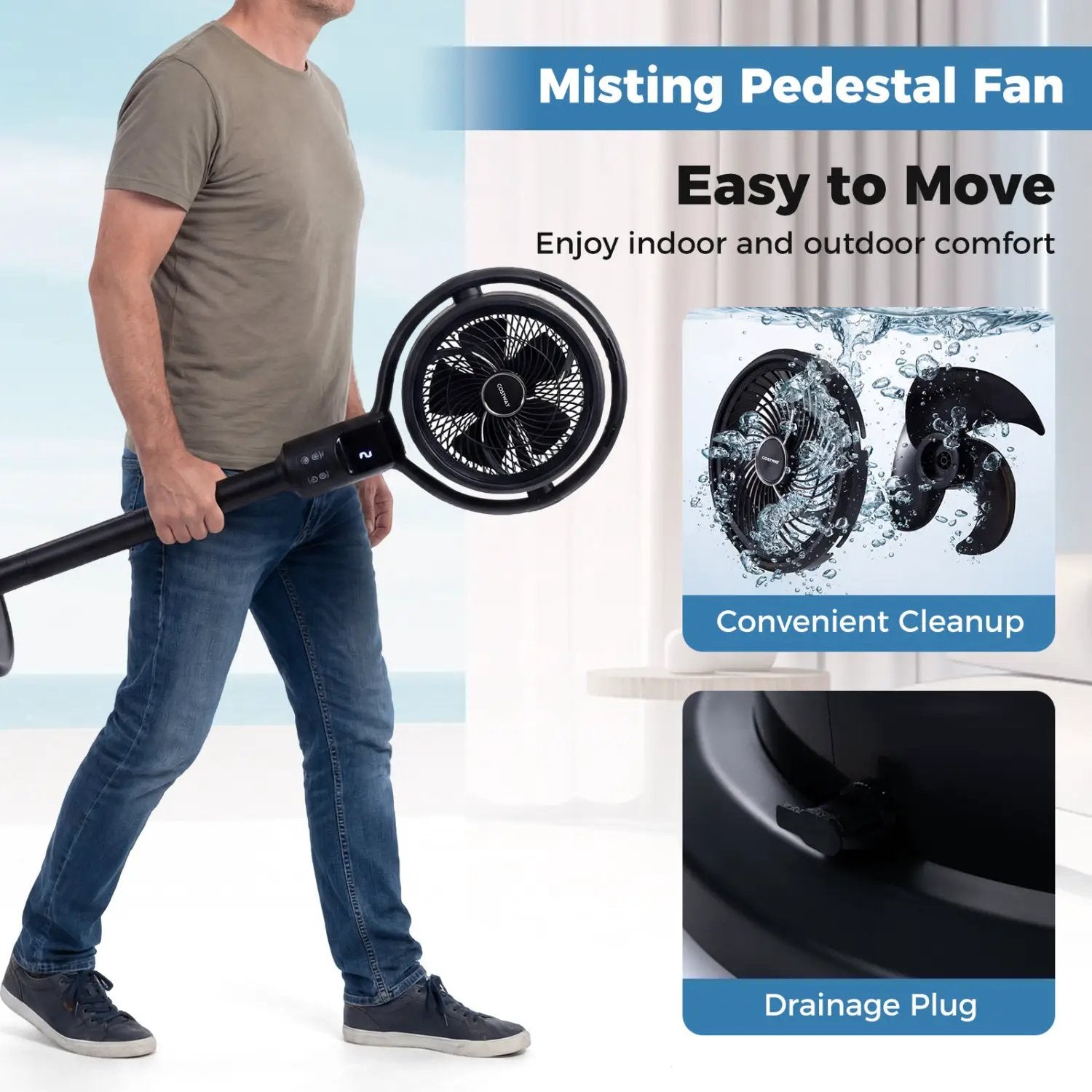 Misting Pedestal Fan Air Circulator with 90° Auto Oscillation Floor Standing Fan with 8 Speeds by DirectDeals