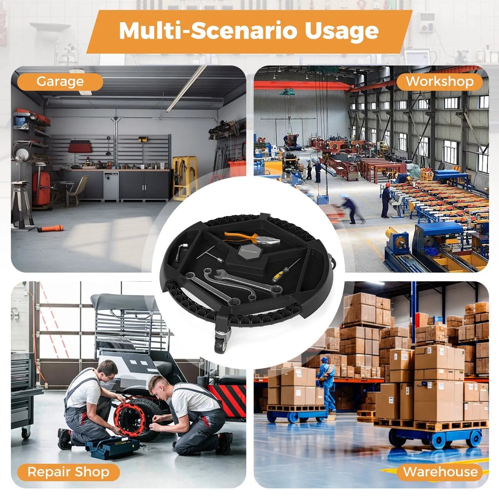 Mobile Automotive Tool Creeper with 3 Swivel Casters and 4 Compartments-Black by DirectDeals