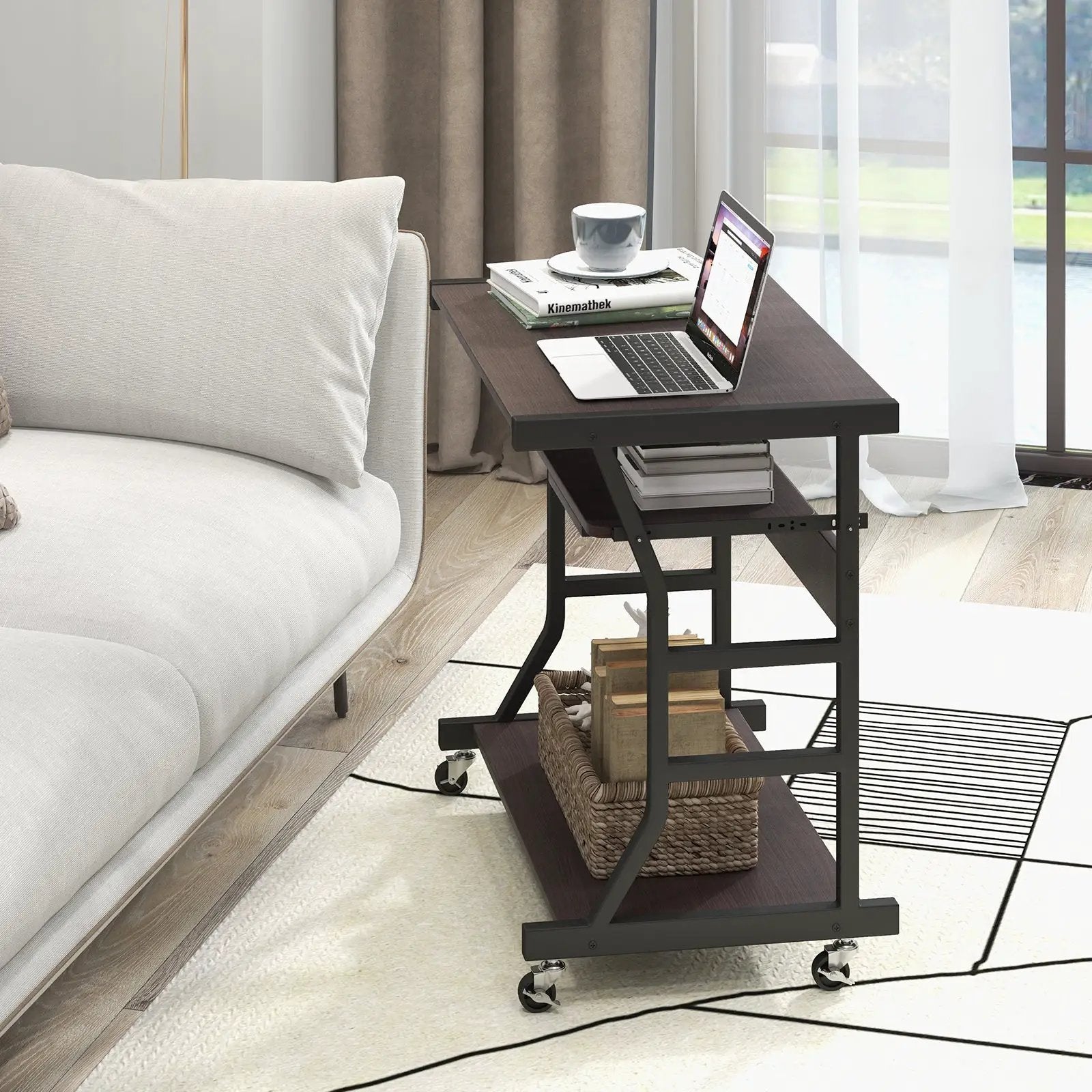 Mobile Computer Desk with Keyboard Tray Mouse Tray and Shelf-Dark Brown by DirectDeals