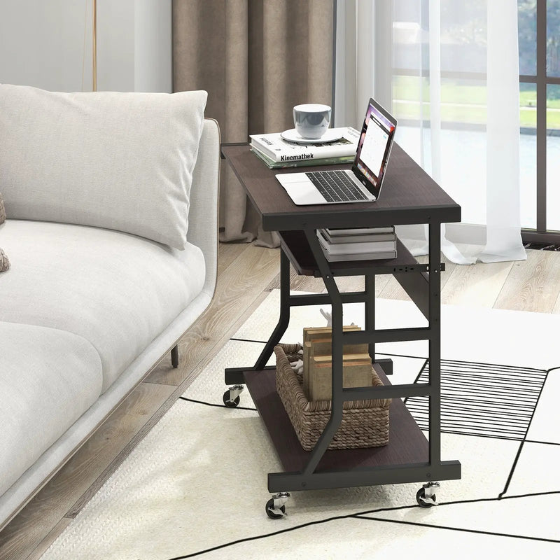 Mobile Computer Desk with Keyboard Tray Mouse Tray and Shelf-Dark Brown by DirectDeals