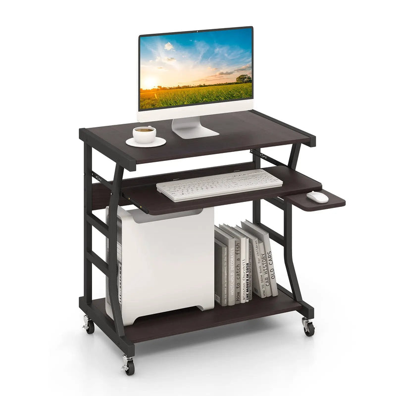 Mobile Computer Desk with Keyboard Tray Mouse Tray and Shelf-Dark Brown by DirectDeals
