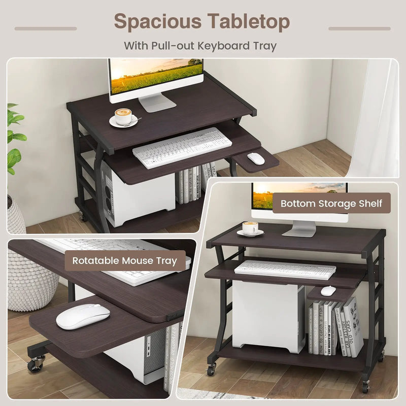 Mobile Computer Desk with Keyboard Tray Mouse Tray and Shelf-Dark Brown by DirectDeals