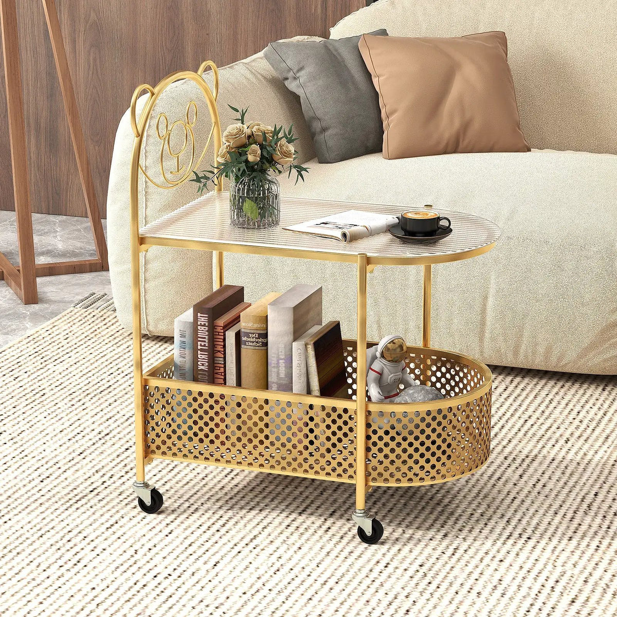 2-Tier Mobile Glass Coffee Table with Bear Pattern by DirectDeals