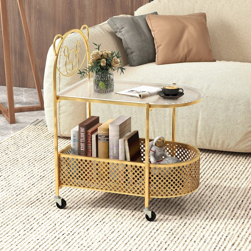 2-Tier Mobile Glass Coffee Table with Bear Pattern by DirectDeals