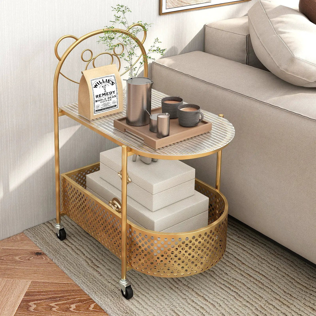 2-Tier Mobile Glass Coffee Table with Bear Pattern by DirectDeals