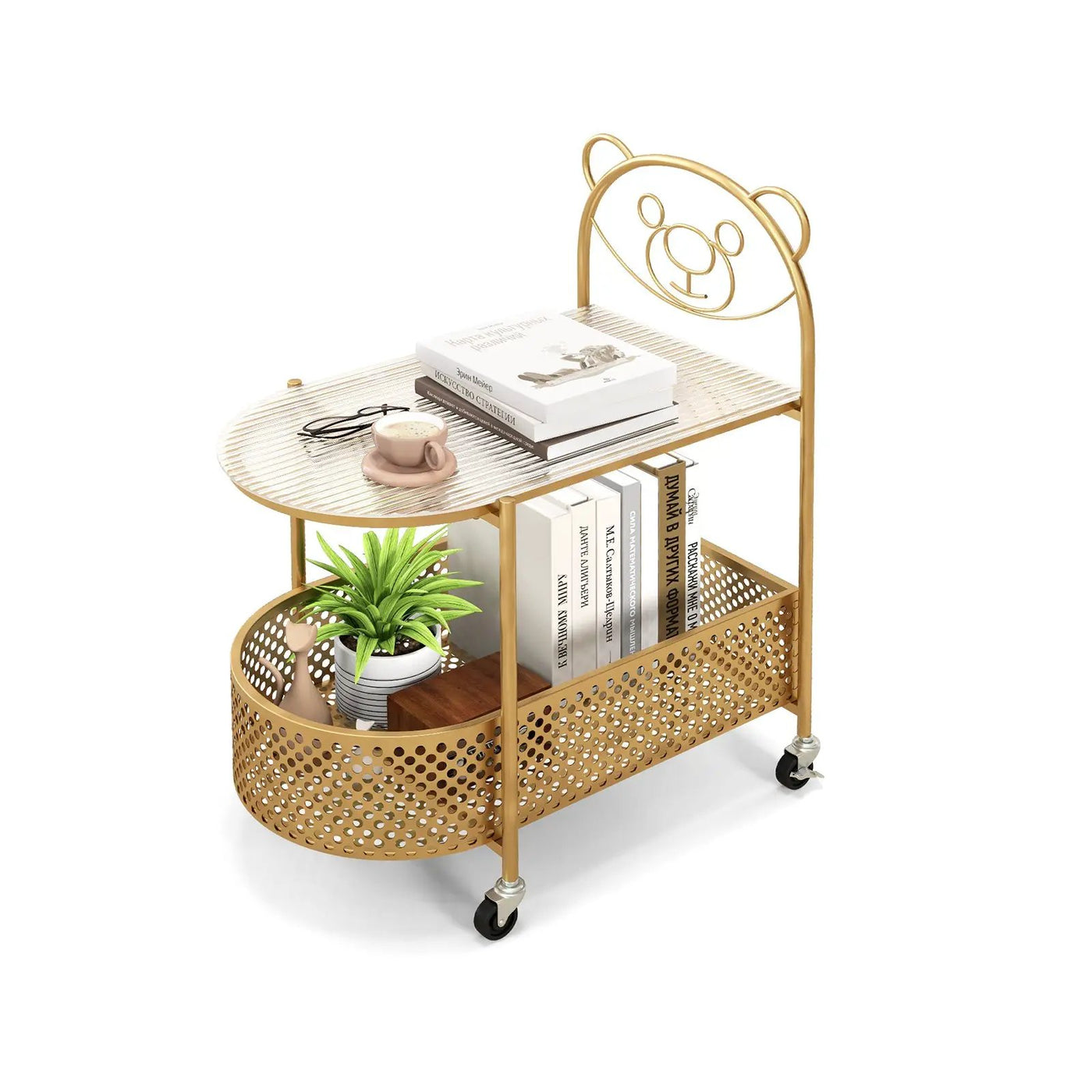 2-Tier Mobile Glass Coffee Table with Bear Pattern by DirectDeals