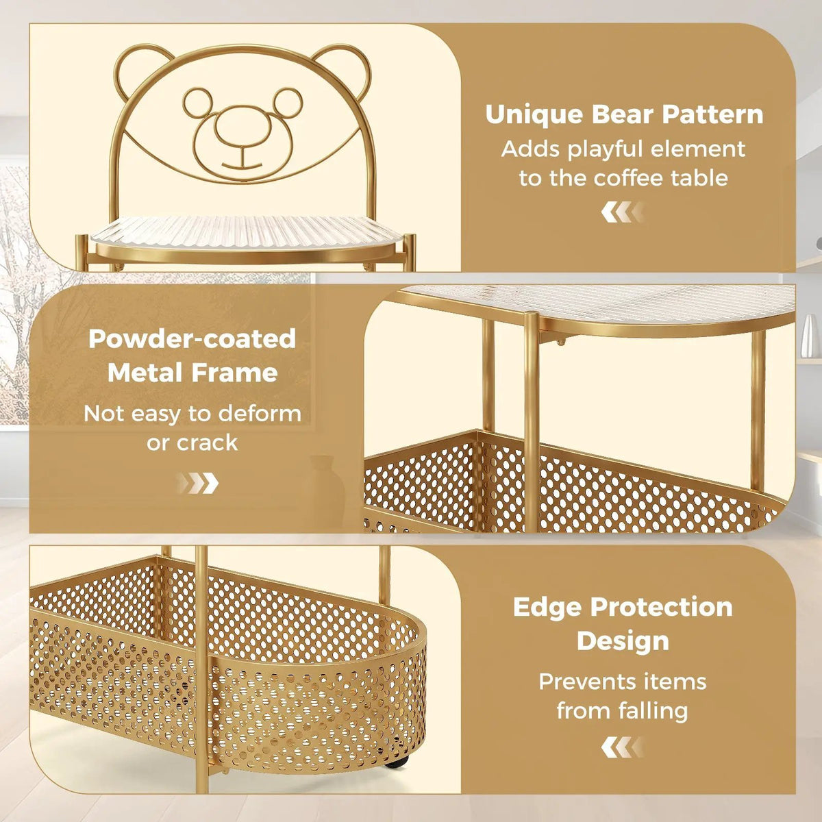 2-Tier Mobile Glass Coffee Table with Bear Pattern by DirectDeals