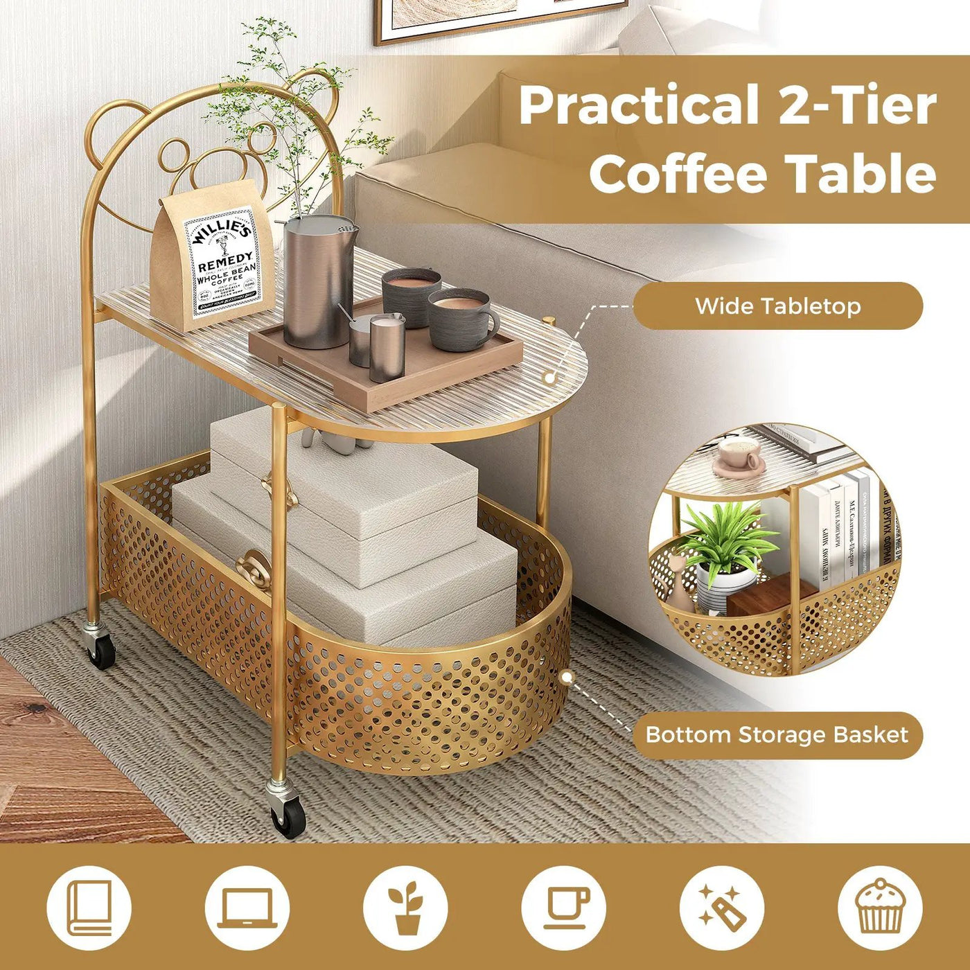 2-Tier Mobile Glass Coffee Table with Bear Pattern by DirectDeals