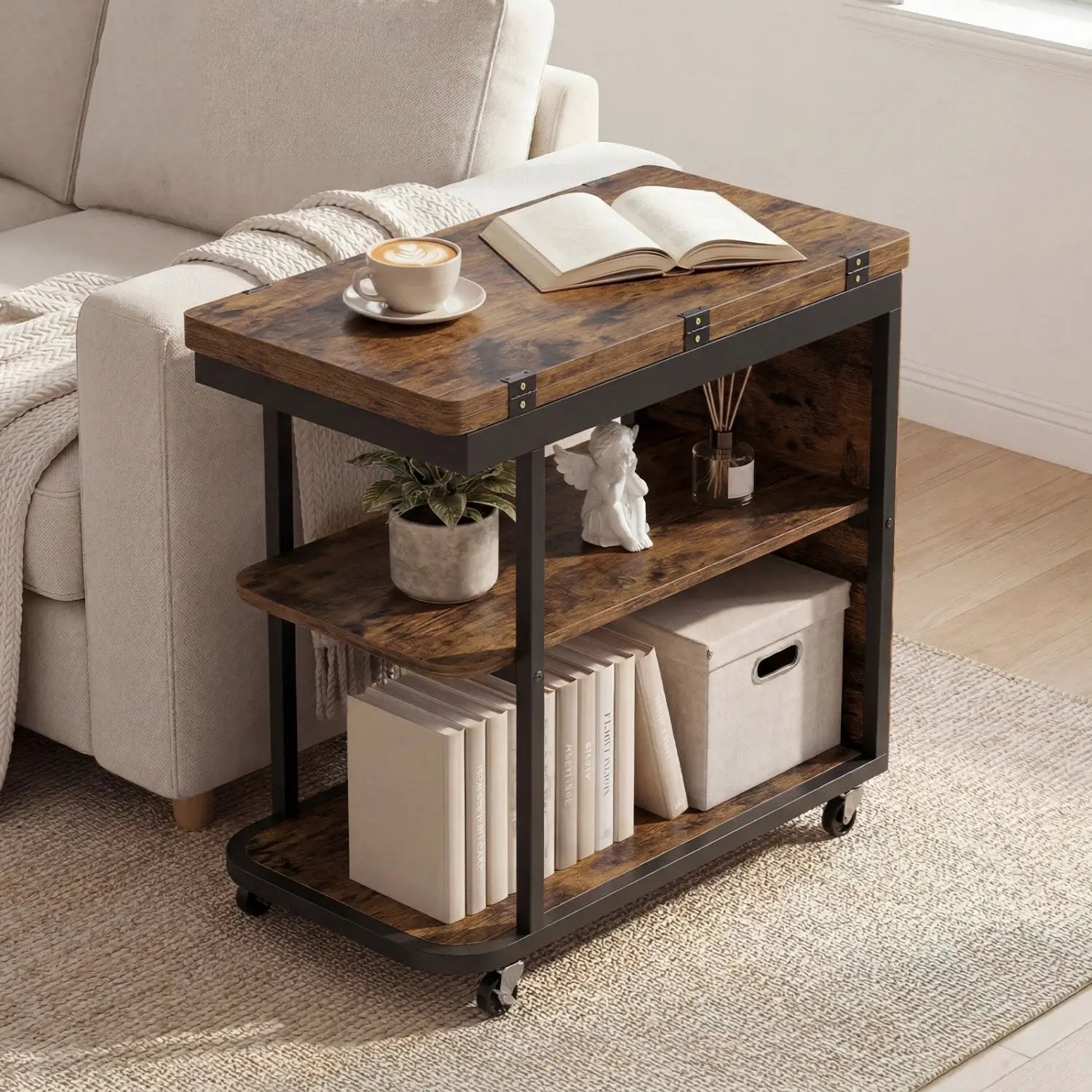 Mobile Side Table with Foldable Swivel Top and 2-Tier Shelf by DirectDeals