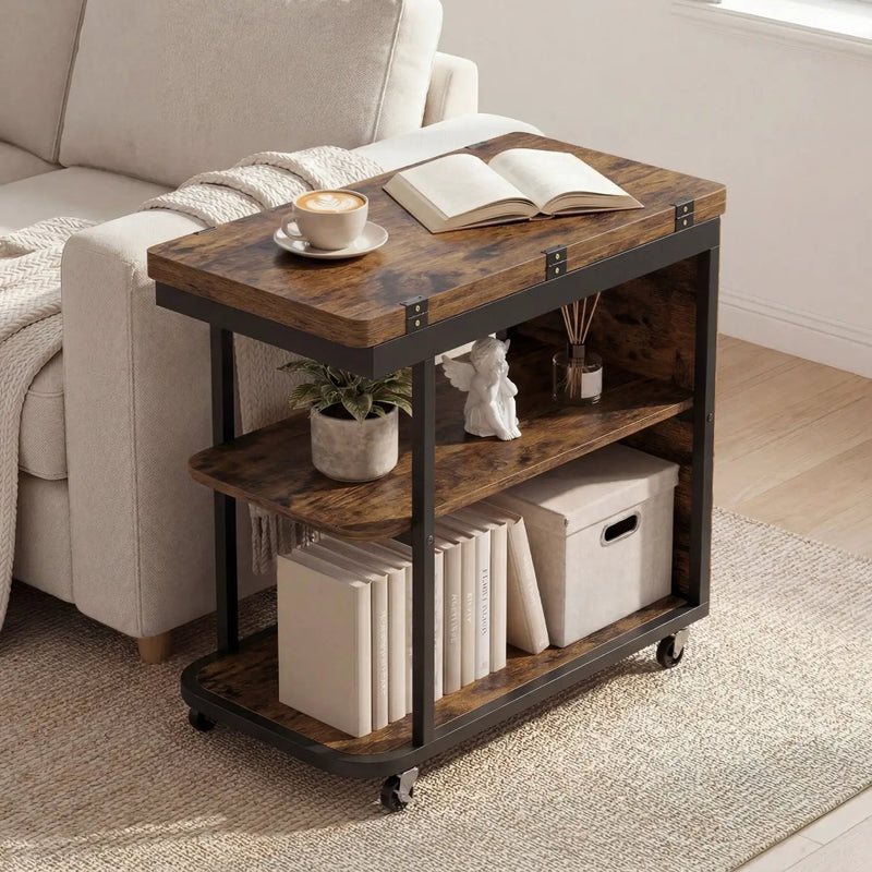 Mobile Side Table with Foldable Swivel Top and 2-Tier Shelf by DirectDeals