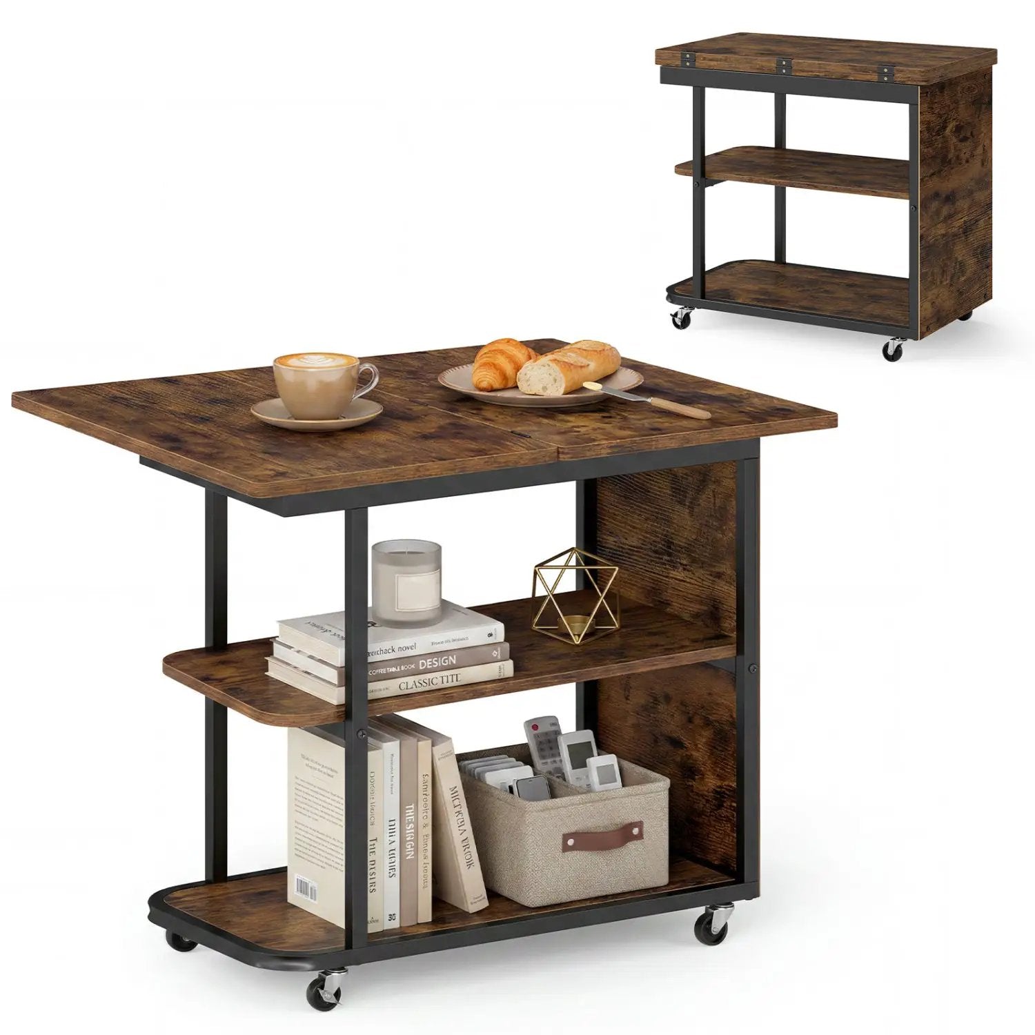 Mobile Side Table with Foldable Swivel Top and 2-Tier Shelf by DirectDeals