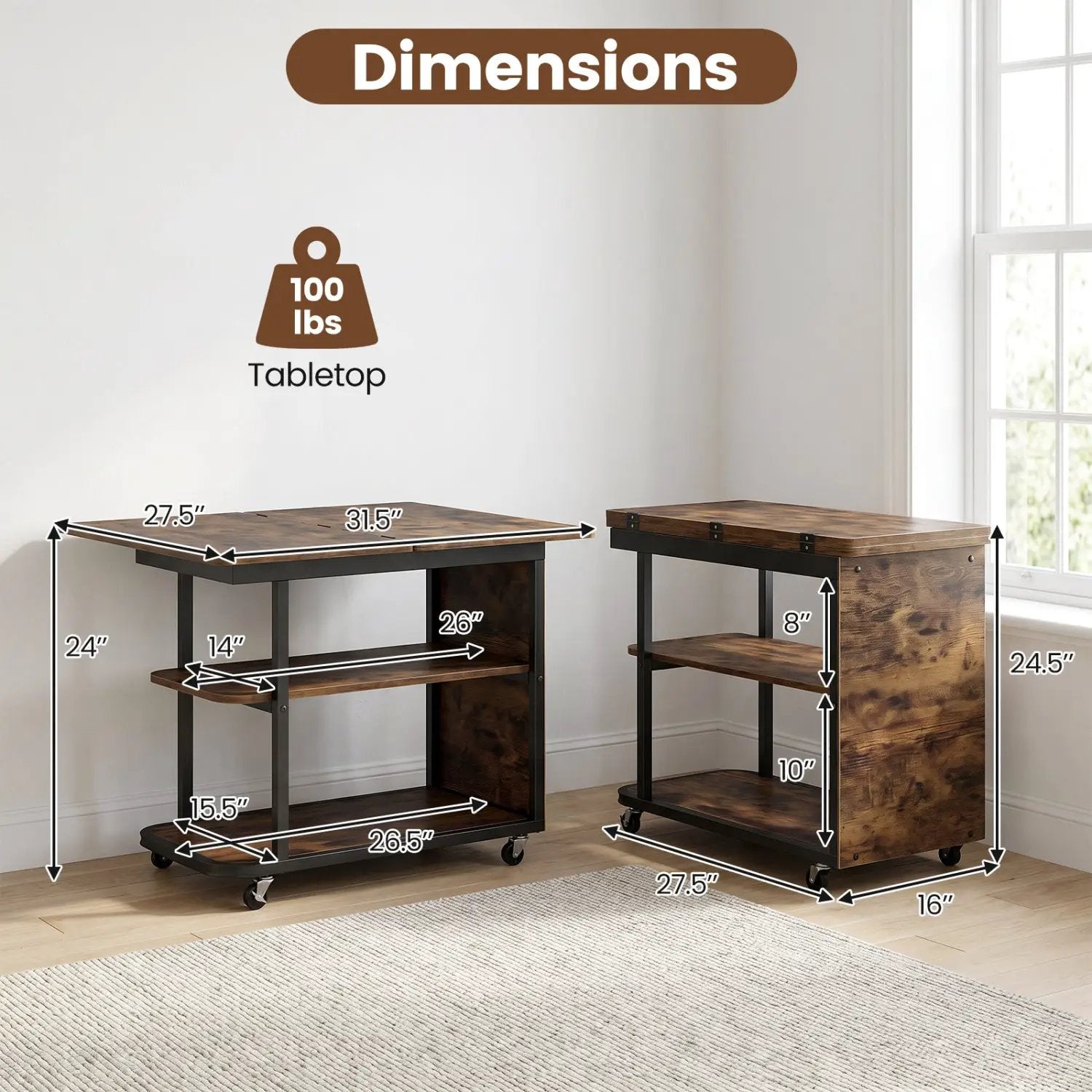 Mobile Side Table with Foldable Swivel Top and 2-Tier Shelf by DirectDeals