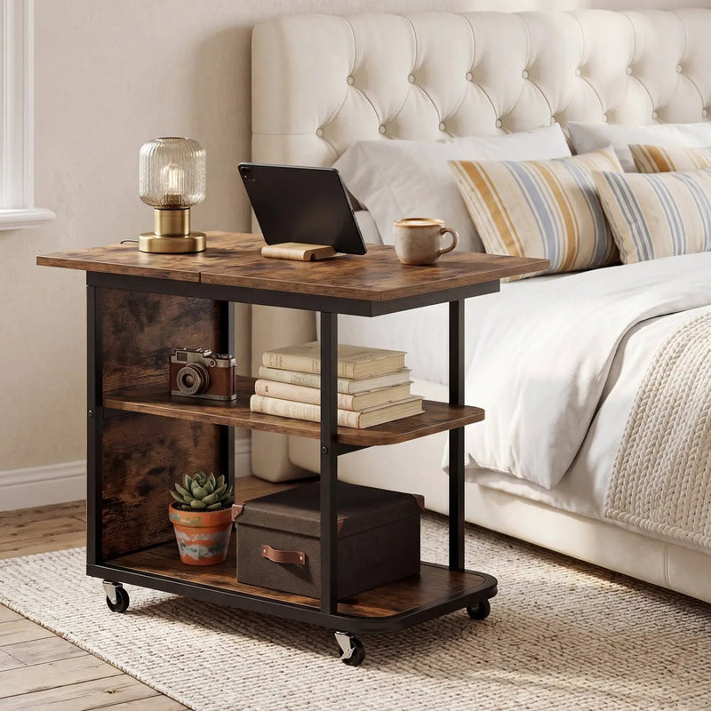 Mobile Side Table with Foldable Swivel Top and 2-Tier Shelf by DirectDeals