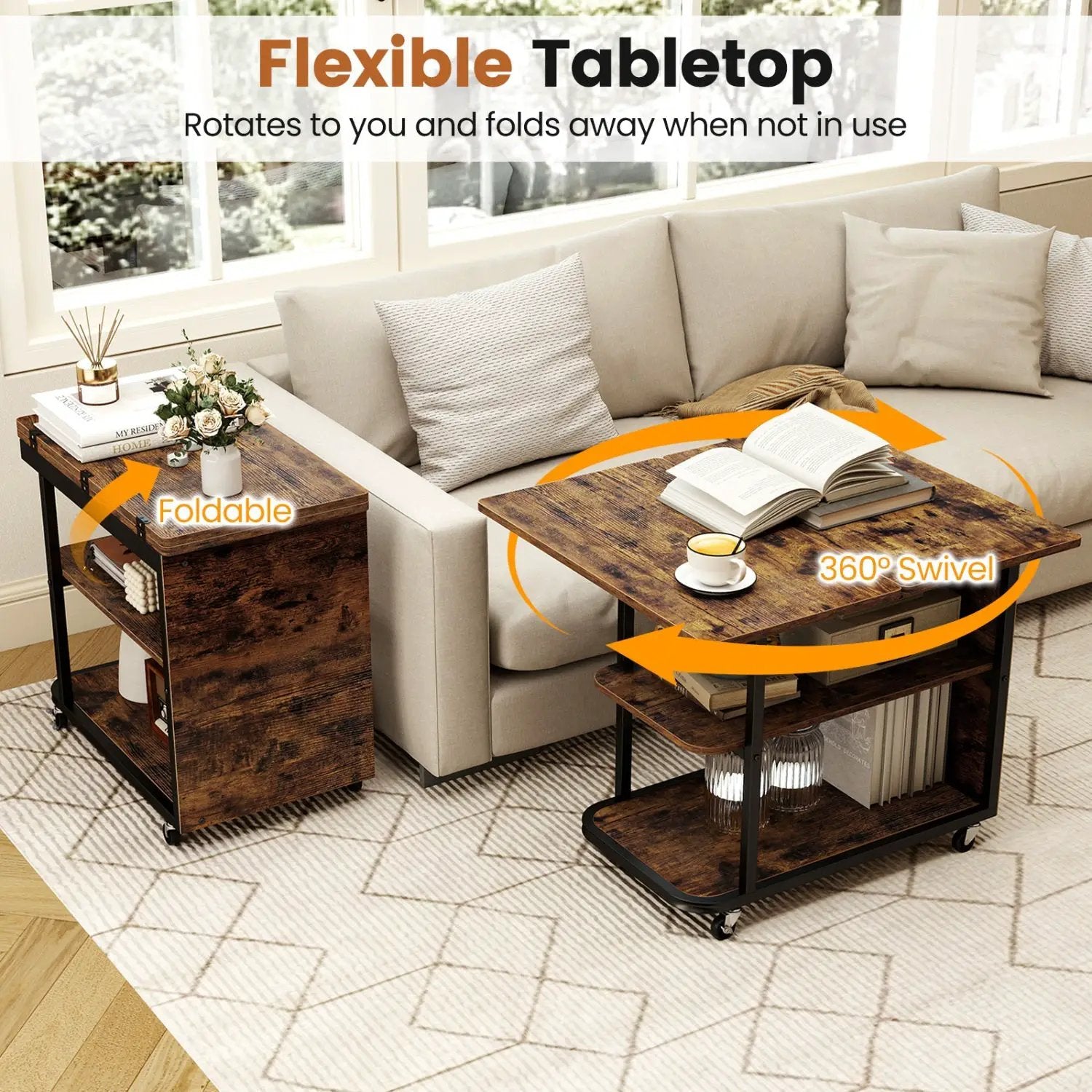 Mobile Side Table with Foldable Swivel Top and 2-Tier Shelf by DirectDeals