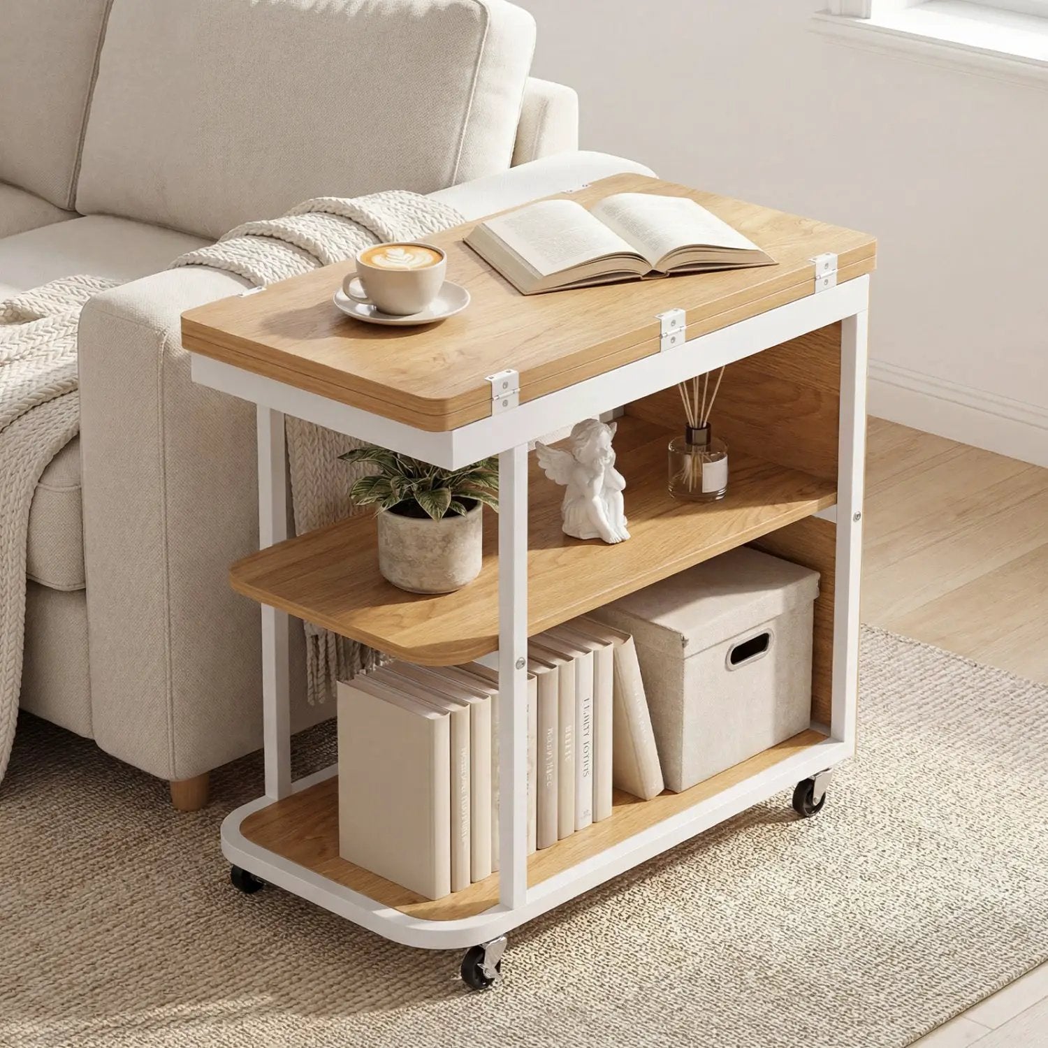 Mobile Side Table with Foldable Swivel Top and 2-Tier Shelf by DirectDeals