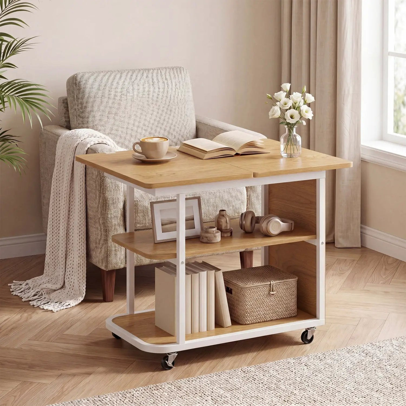 Mobile Side Table with Foldable Swivel Top and 2-Tier Shelf by DirectDeals