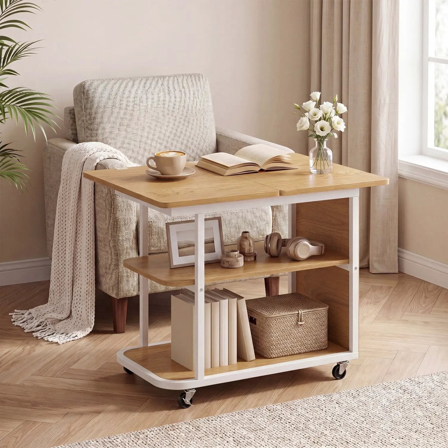 Mobile Side Table with Foldable Swivel Top and 2-Tier Shelf by DirectDeals