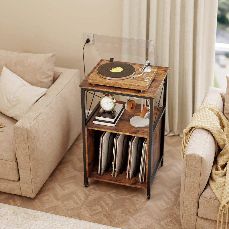 Mobile Record Player Stand with Power Outlet with Open Shelf and Dividers-Rustic Brown by DirectDeals