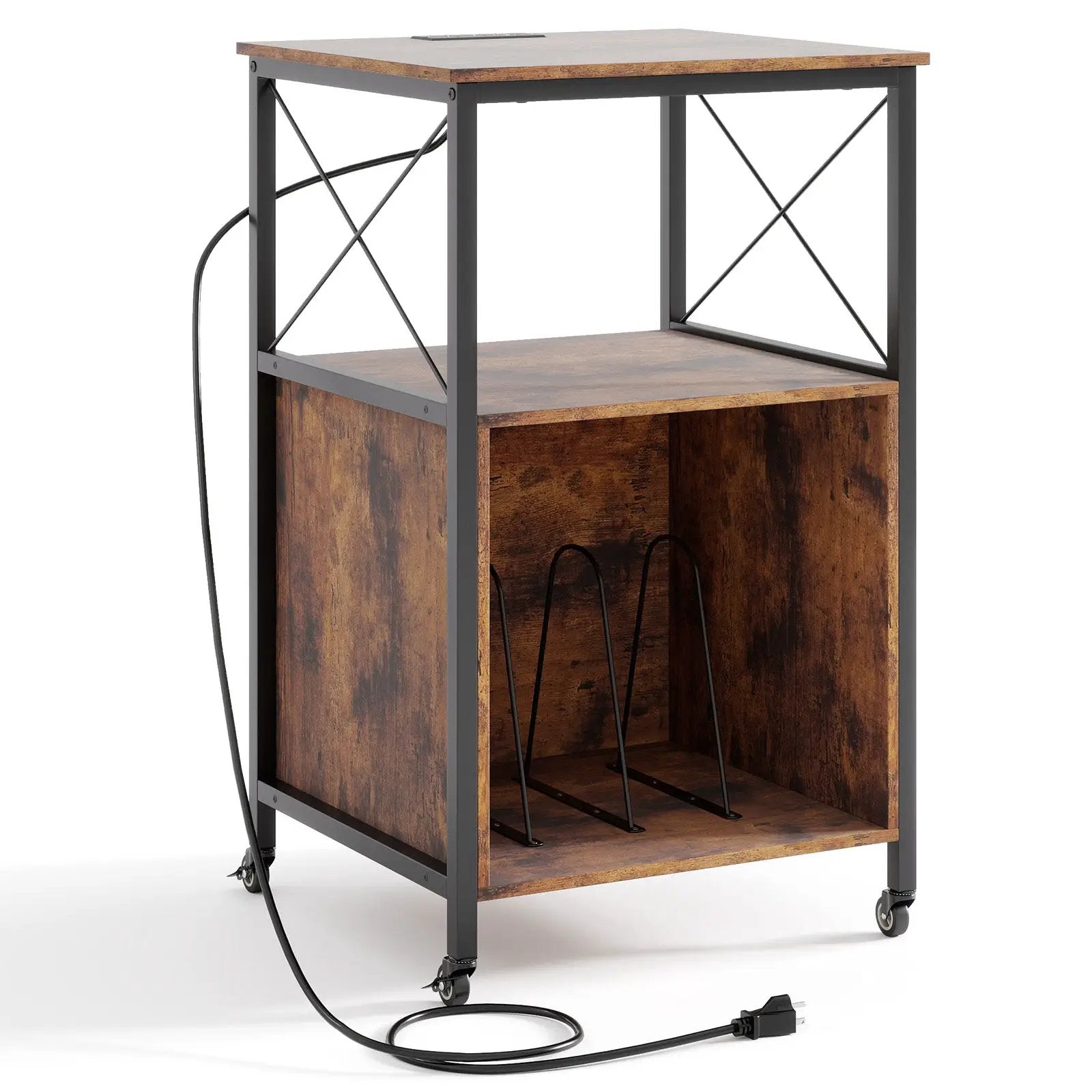 Mobile Record Player Stand with Power Outlet with Open Shelf and Dividers-Rustic Brown by DirectDeals