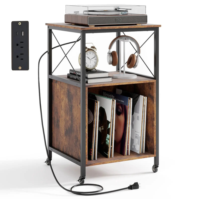 Mobile Record Player Stand with Power Outlet with Open Shelf and Dividers-Rustic Brown by DirectDeals