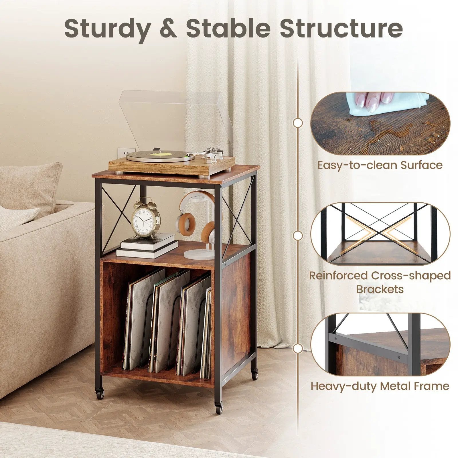Mobile Record Player Stand with Power Outlet with Open Shelf and Dividers-Rustic Brown by DirectDeals