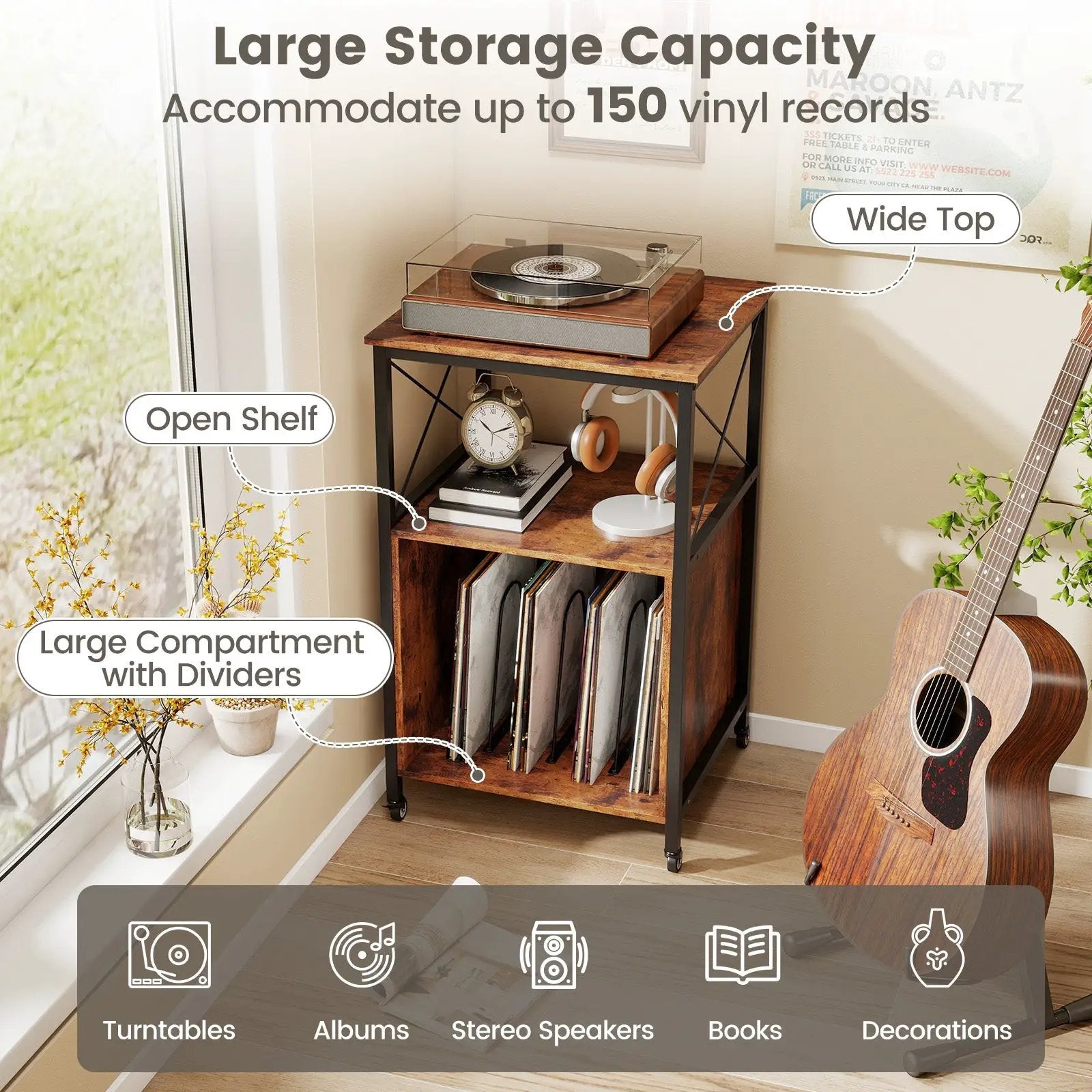 Mobile Record Player Stand with Power Outlet with Open Shelf and Dividers-Rustic Brown by DirectDeals