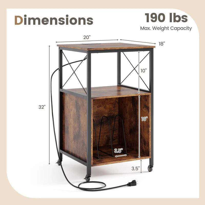 Mobile Record Player Stand with Power Outlet with Open Shelf and Dividers-Rustic Brown by DirectDeals
