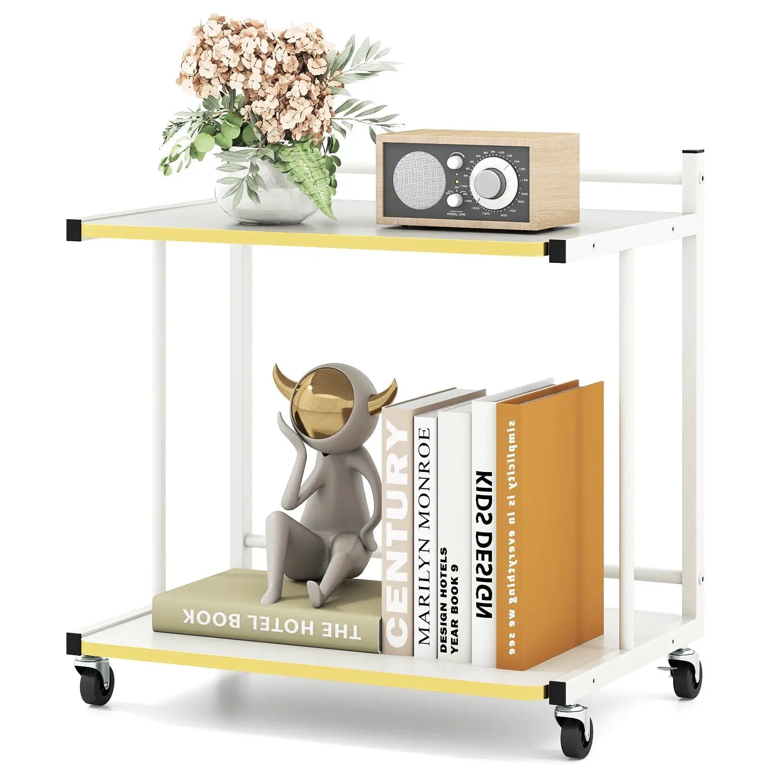 Mobile Side Table 2-Tier Rolling End Table with Open Shelves & Golden Trimmed Edges-White by DirectDeals