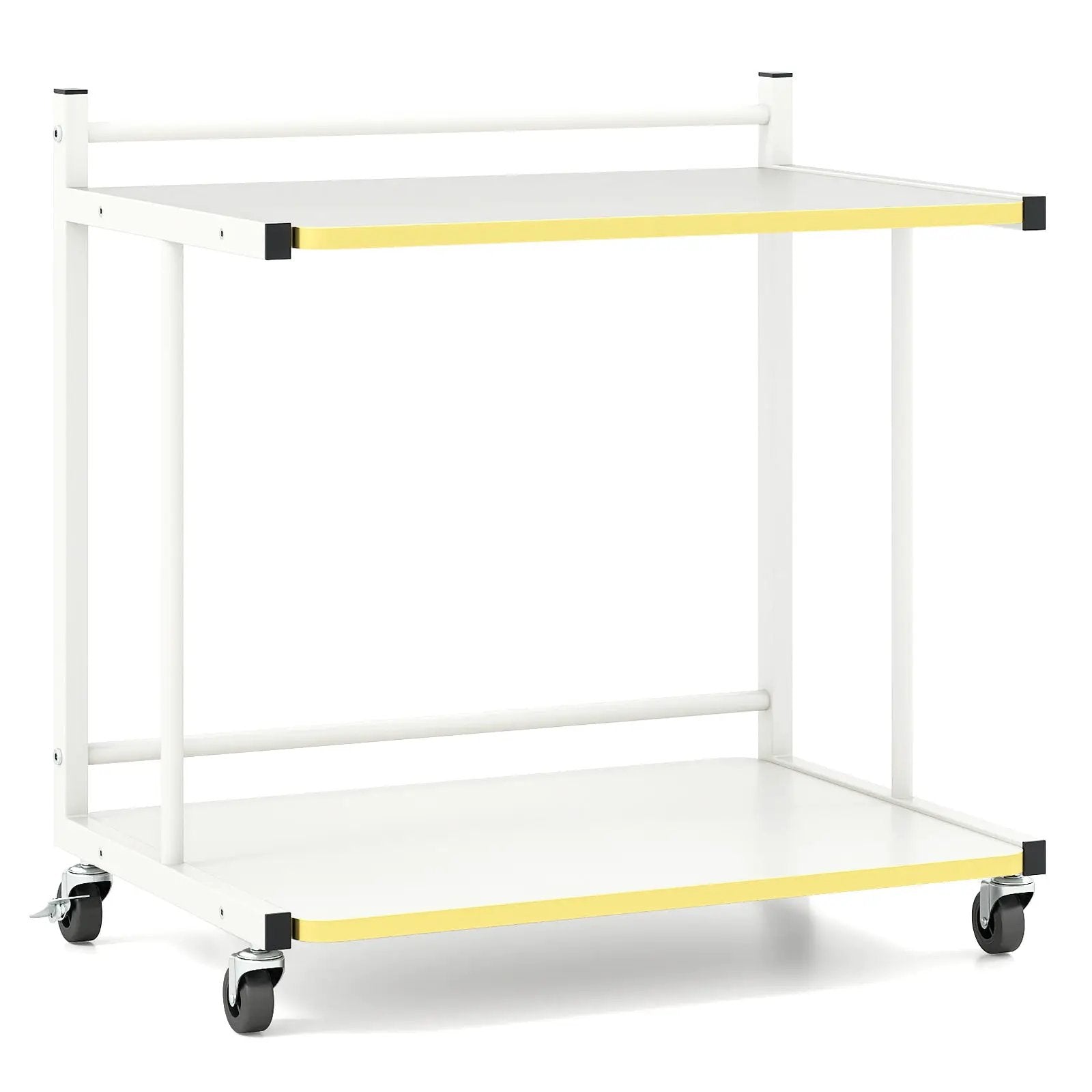 Mobile Side Table 2-Tier Rolling End Table with Open Shelves & Golden Trimmed Edges-White by DirectDeals