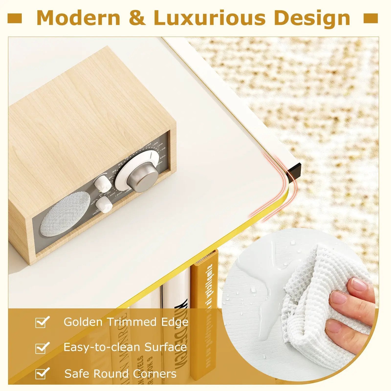Mobile Side Table 2-Tier Rolling End Table with Open Shelves & Golden Trimmed Edges-White by DirectDeals
