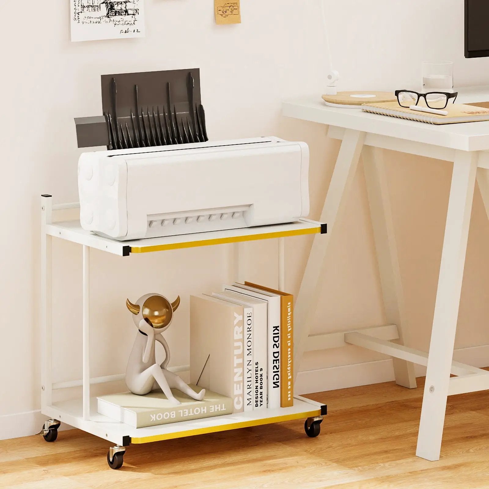 Mobile Side Table 2-Tier Rolling End Table with Open Shelves & Golden Trimmed Edges-White by DirectDeals