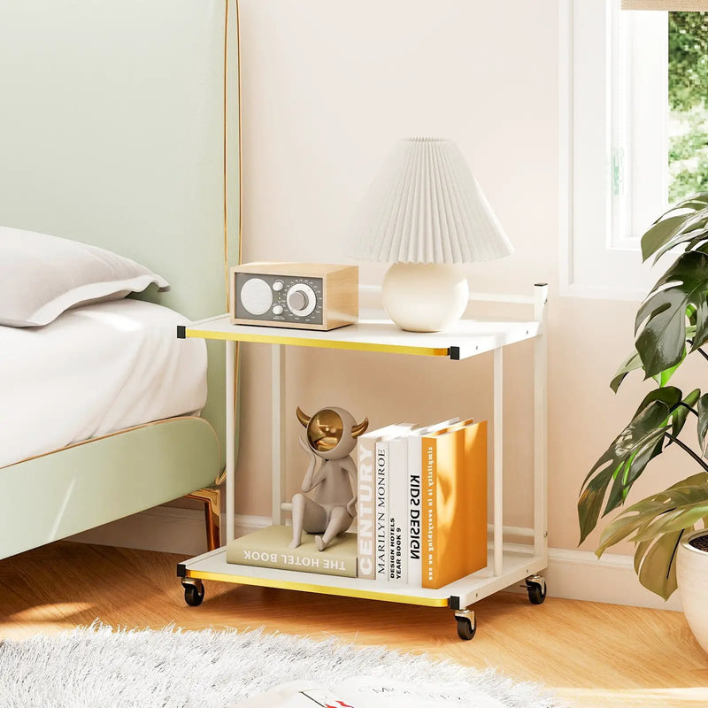 Mobile Side Table 2-Tier Rolling End Table with Open Shelves & Golden Trimmed Edges-White by DirectDeals