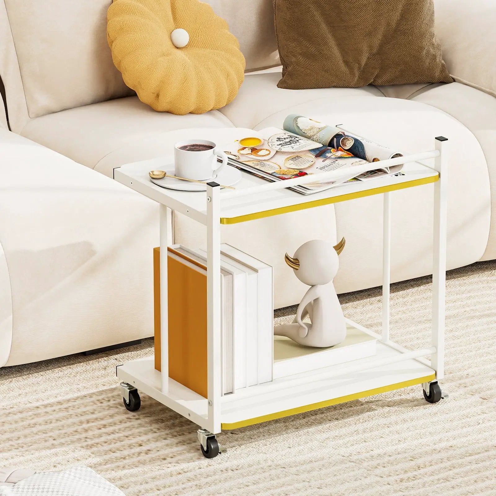 Mobile Side Table 2-Tier Rolling End Table with Open Shelves & Golden Trimmed Edges-White by DirectDeals